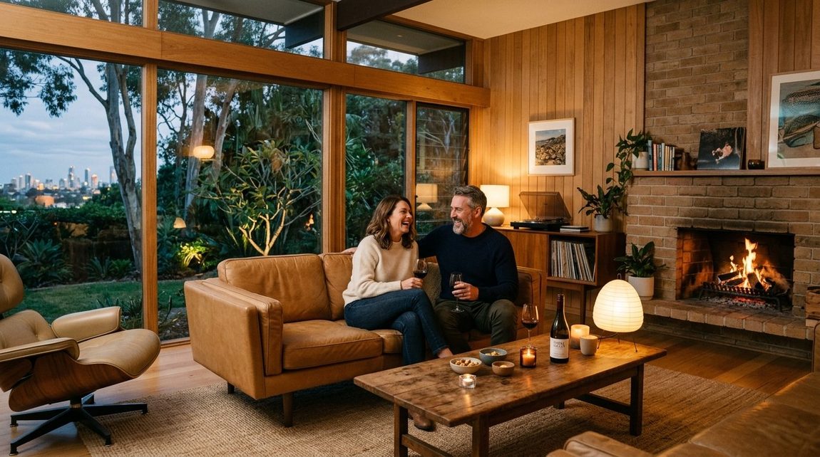 A couple relaxing together by the fireplace at home