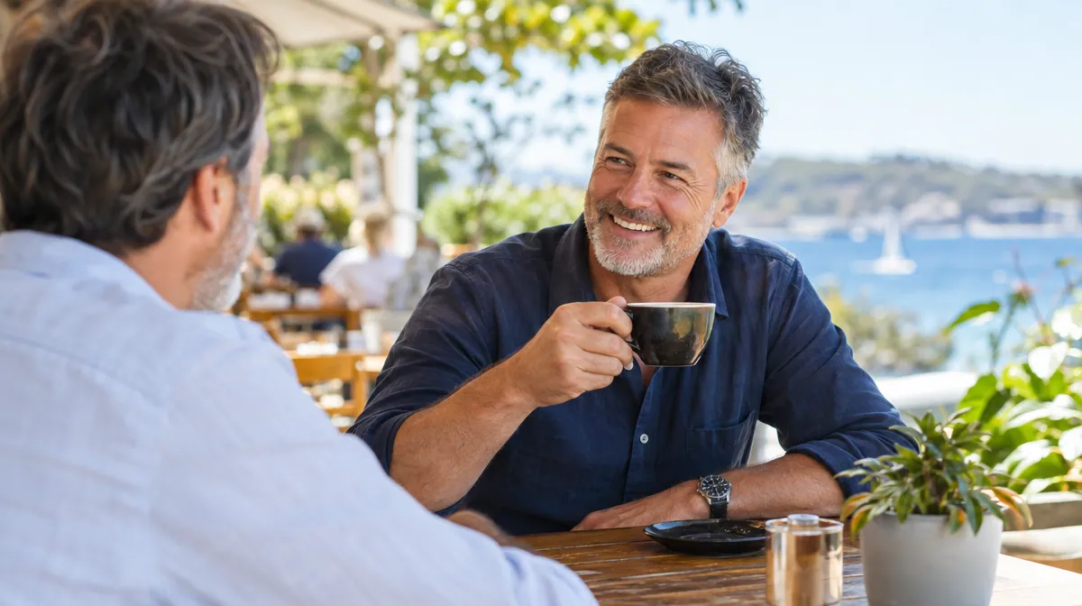 Man in his fifties enjoying coffee and a chat with a friend at a sunny Australian café