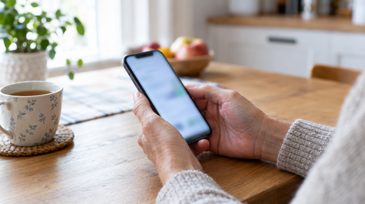 Hands holding a smartphone at a kitchen table with a cup of tea
