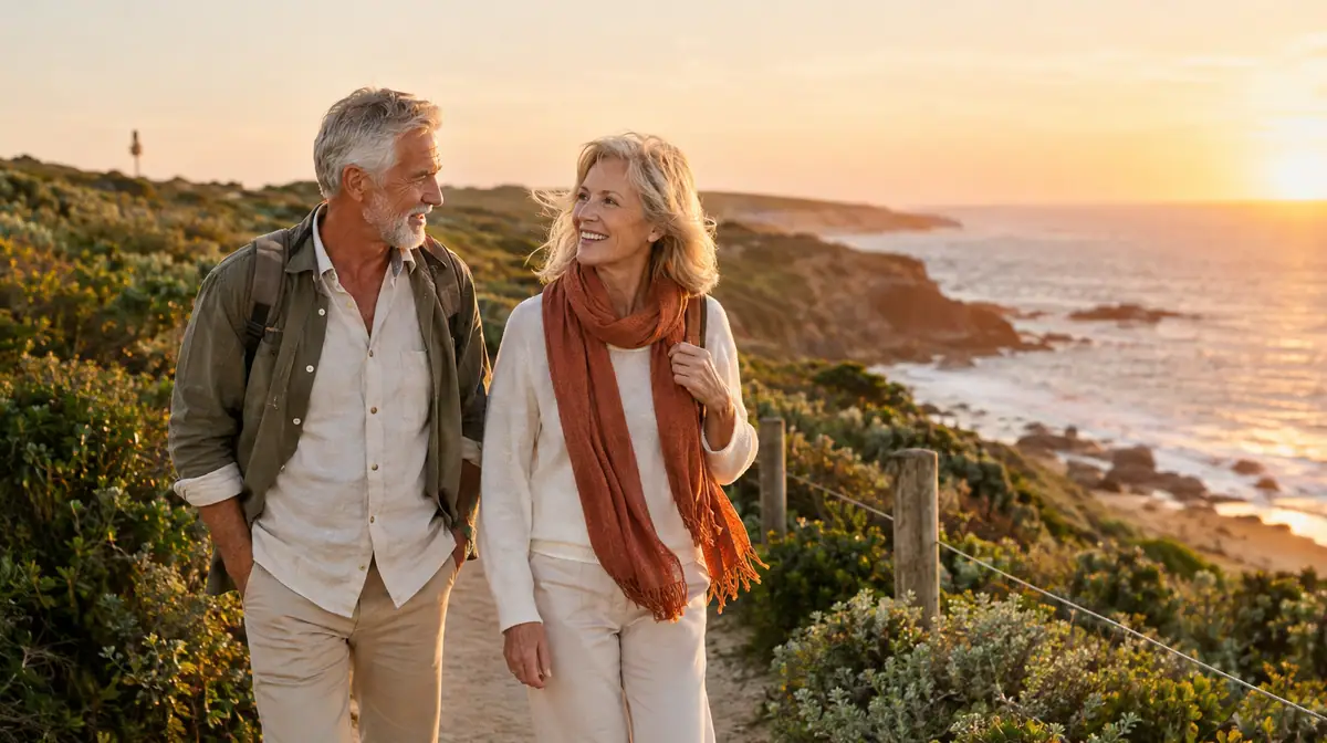 Older couple walking and talking along an Australian coastal path